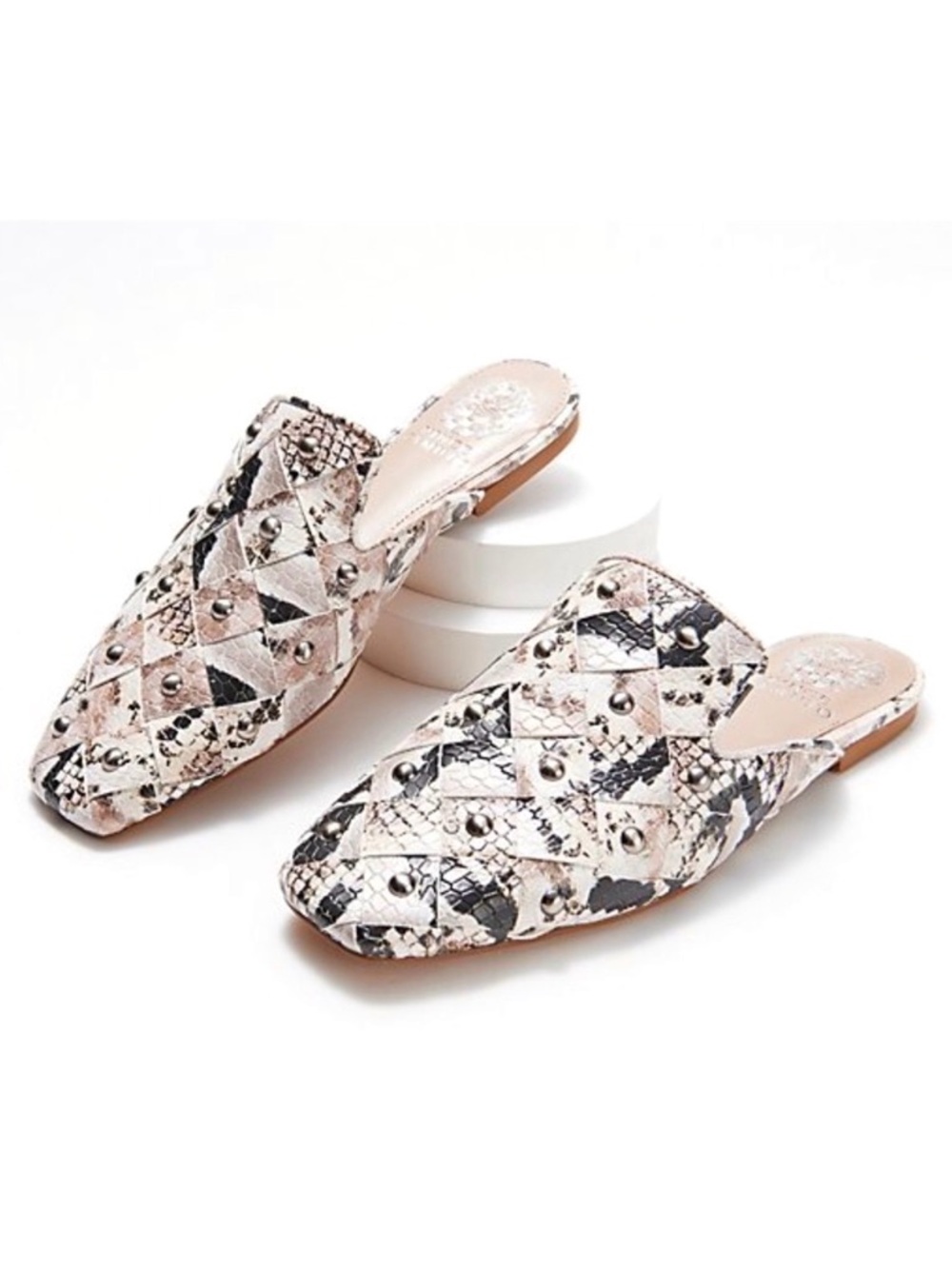 Vince Camuto Lenja Embellished Woven Taupe Namibia Snake Mules Size 6M